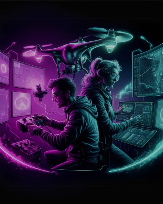 kobieta i mężczyzna sterujący dronem